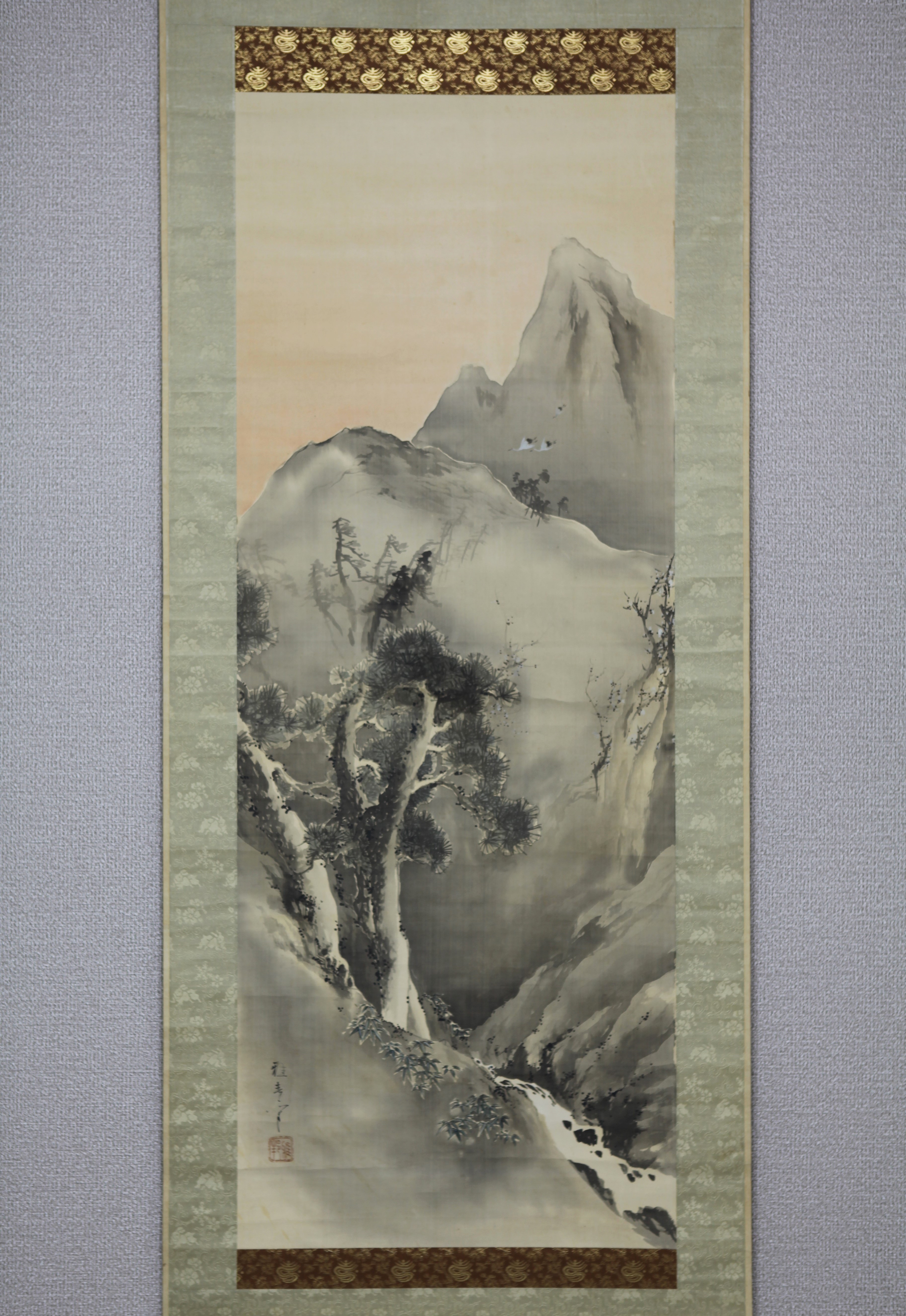【真作】橋本雅邦/蓬莱山図/勝園/祝事山水図/横物/掛軸/名家伝来/AD-815 真作】橋本雅邦/蓬莱山図/勝園/祝事山水図/横物/掛軸/名家伝来