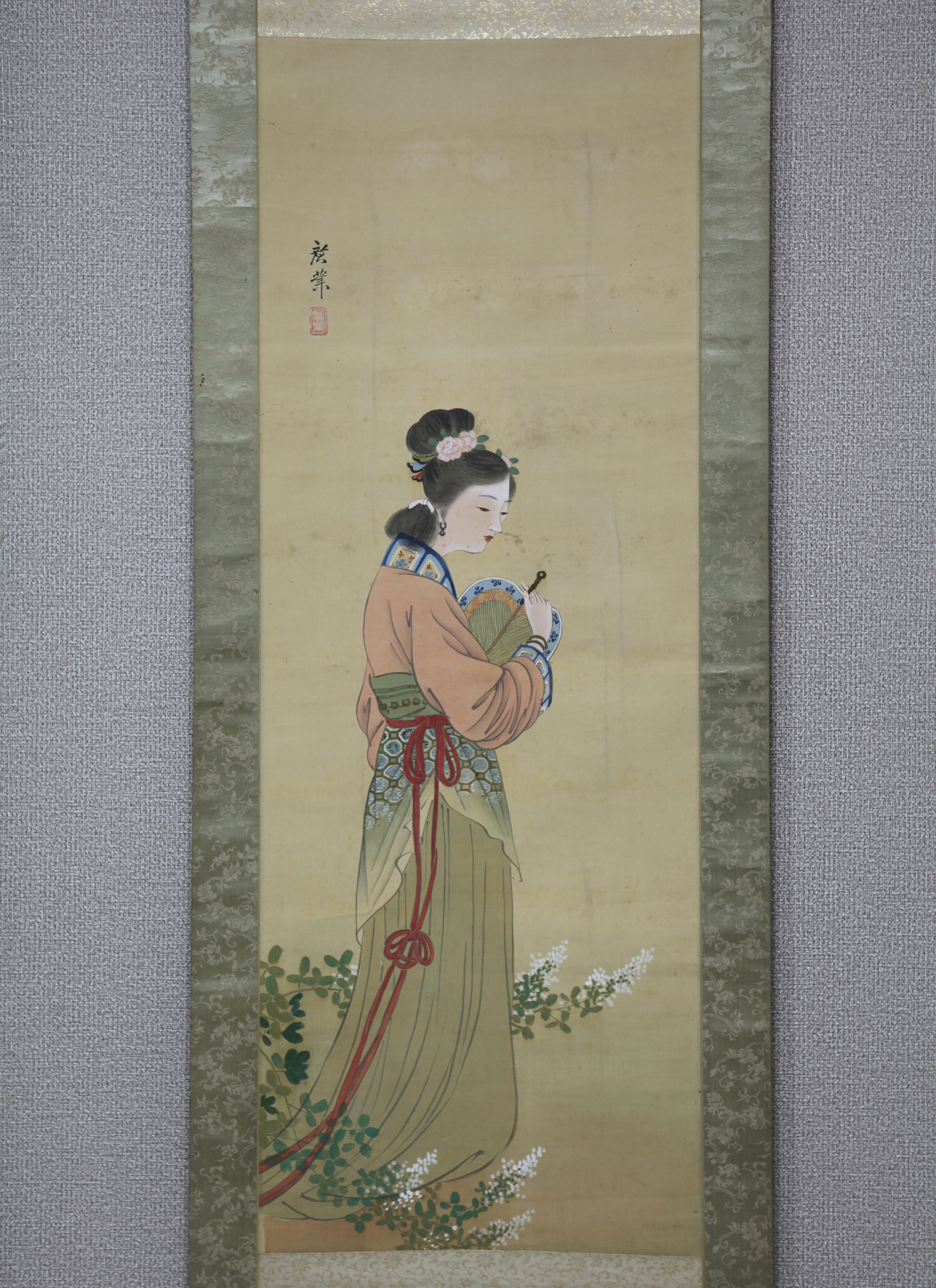 真作⁄（画）富取芳斎⁄（賛）千雀⁄大原女画賛⁄絹表装⁄布袋屋掛軸HH-829