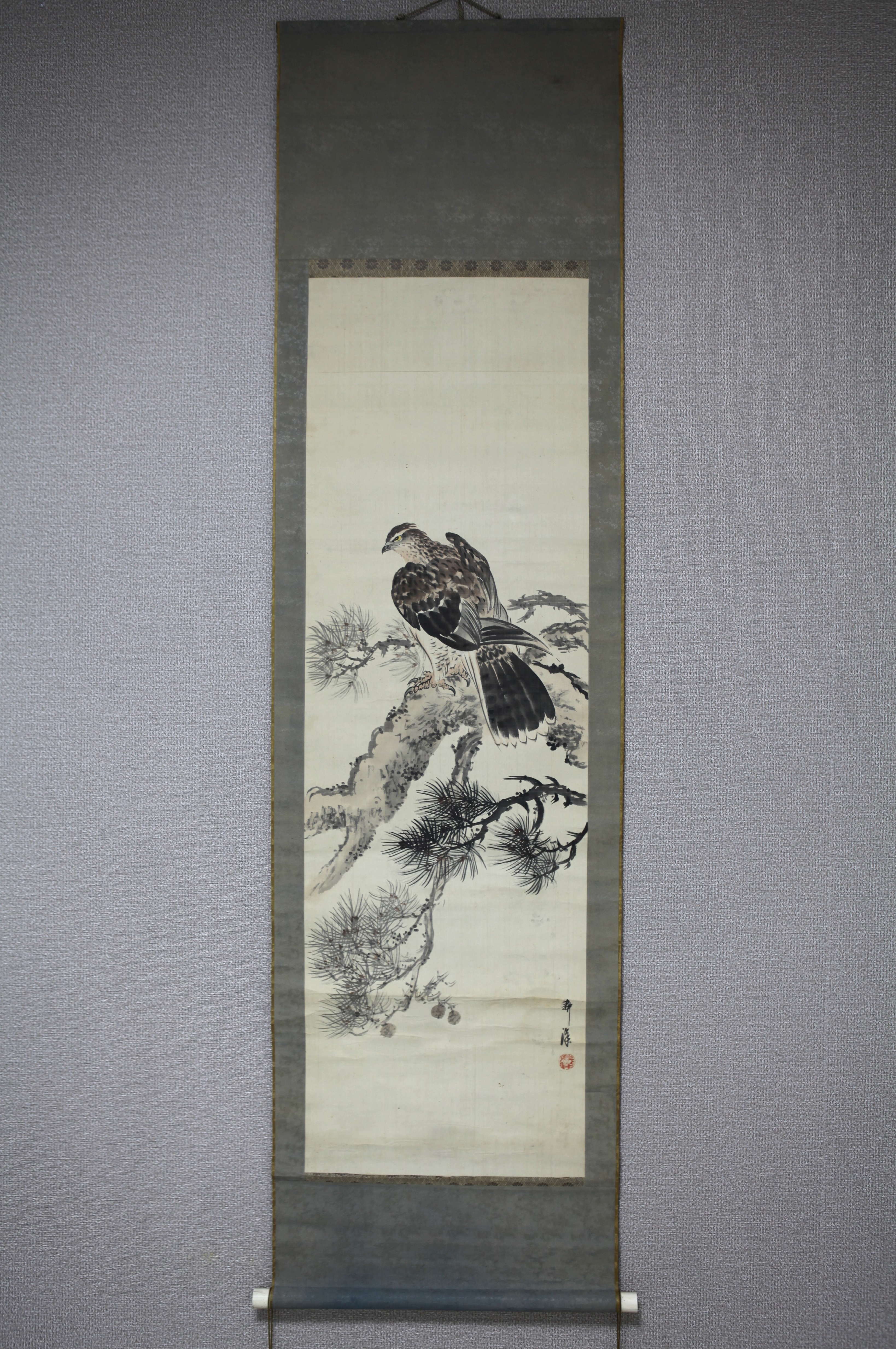 真作】【風車】 柴田耕洋 「松鷹図」◎肉筆絹本◎宮城の人 尾形月耕の