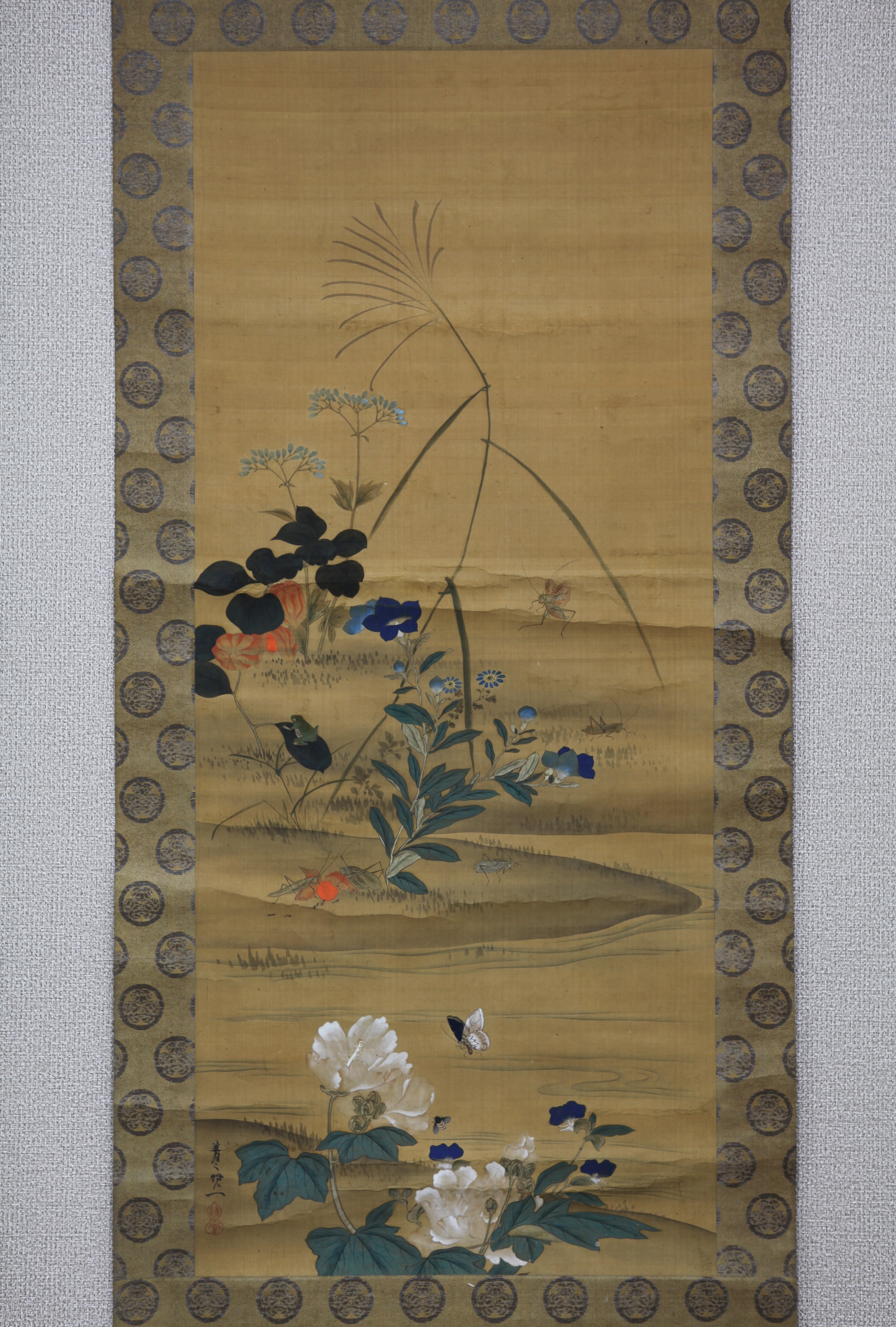 真作】【風車】鈴木其一 「花と虫」◎肉筆絹本◎江戸後期画家