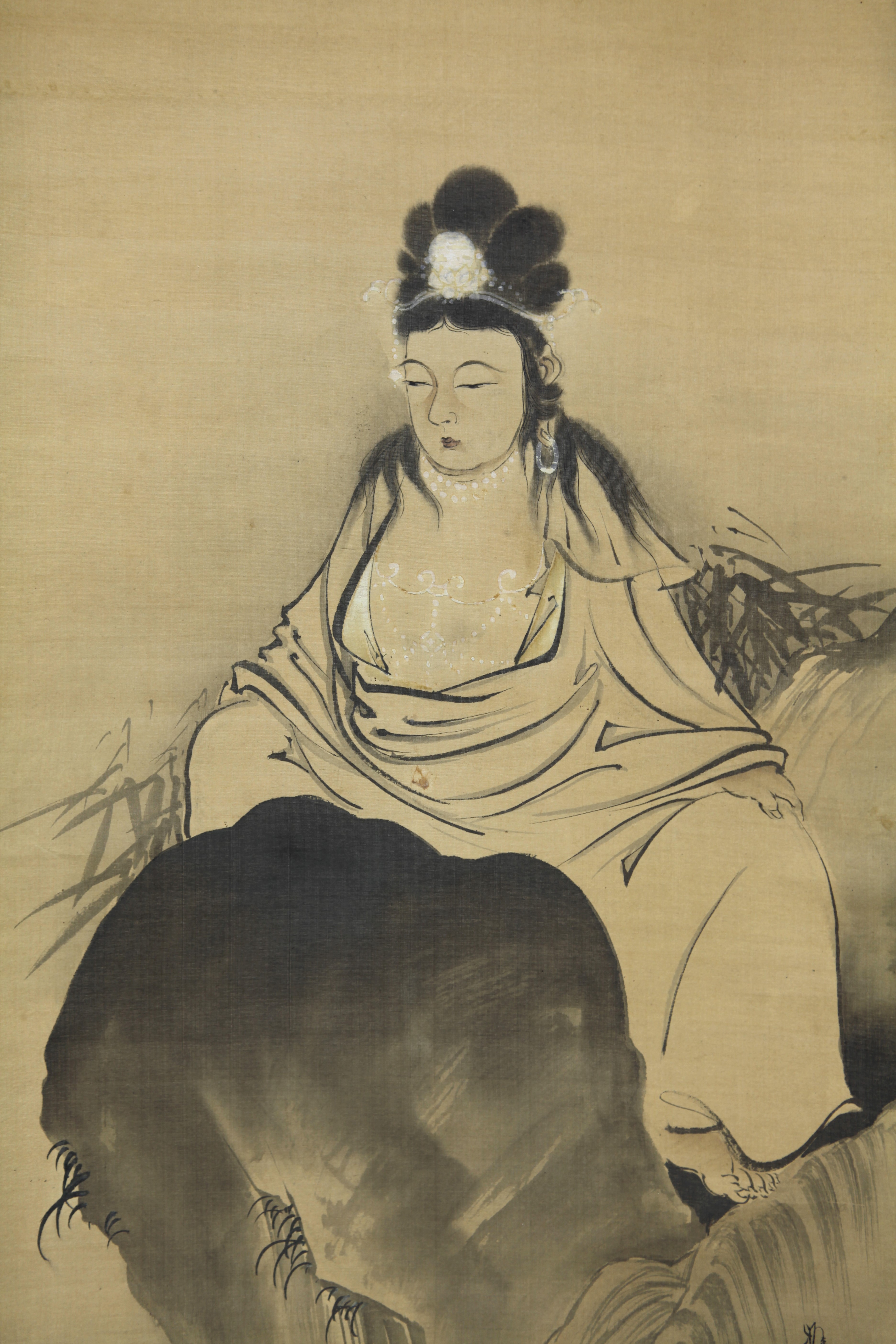 真作】【風車】 橋本雅邦 「岩上観音」◎肉筆絹本◎明治時代の画家 東