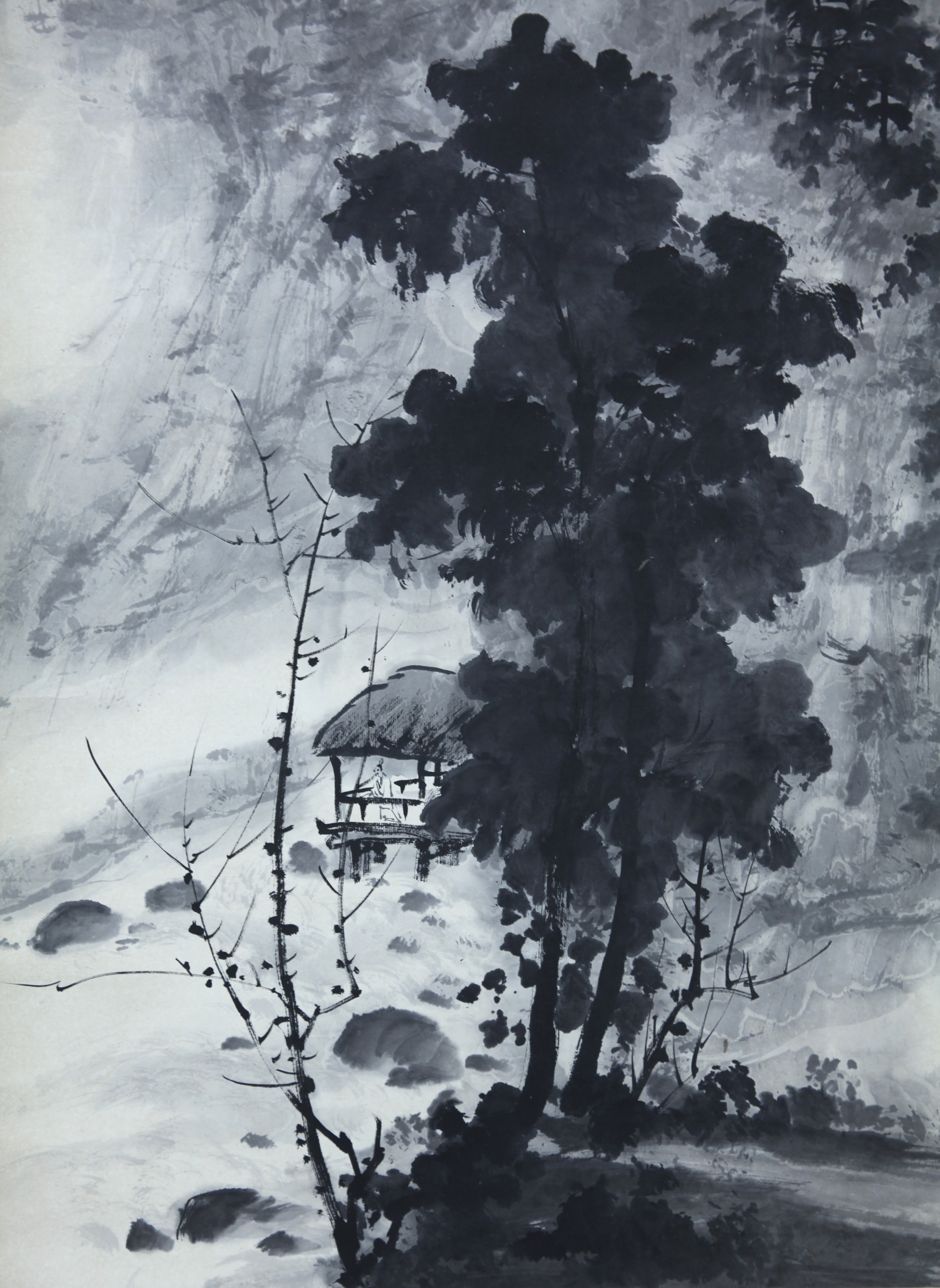 真作】【風車】 ？善長 「峡谷聴泉図」◎肉筆紙本◎近代 当代画家 中国