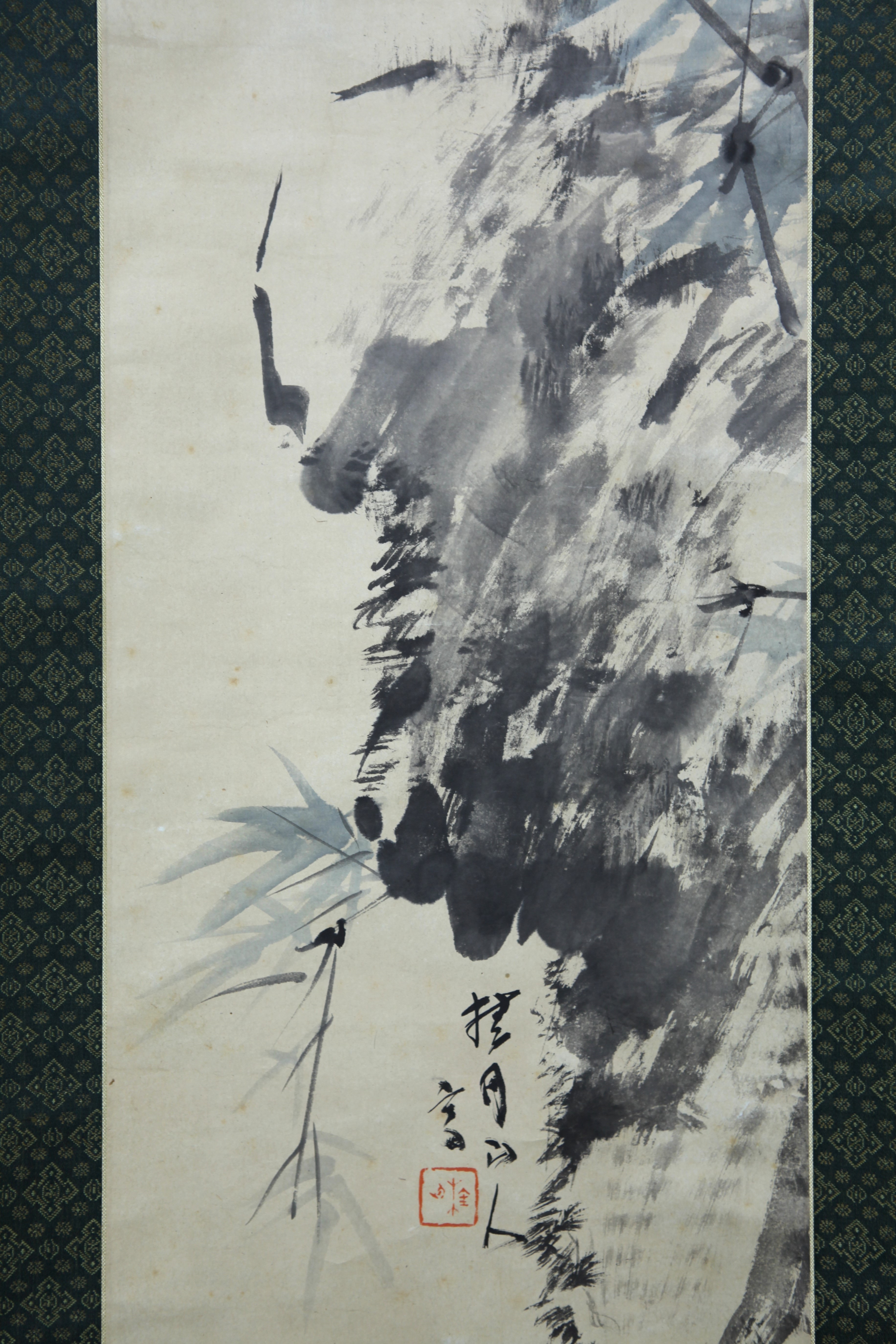 まつ出品 真作】【風車】 松林桂月 「竹石小禽」◎肉筆紙本 西野新川極箱◎山口