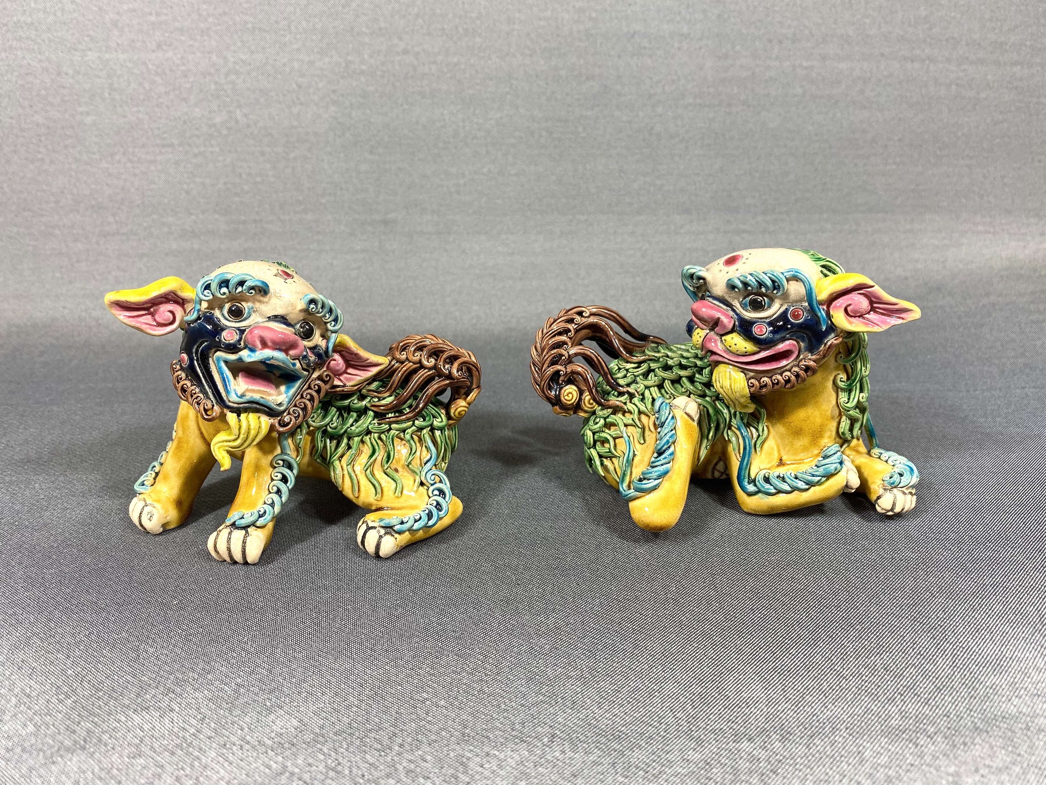 台湾 交趾焼 双獅(林 智信 作) 両獅子 置物 智盧 陶光 林