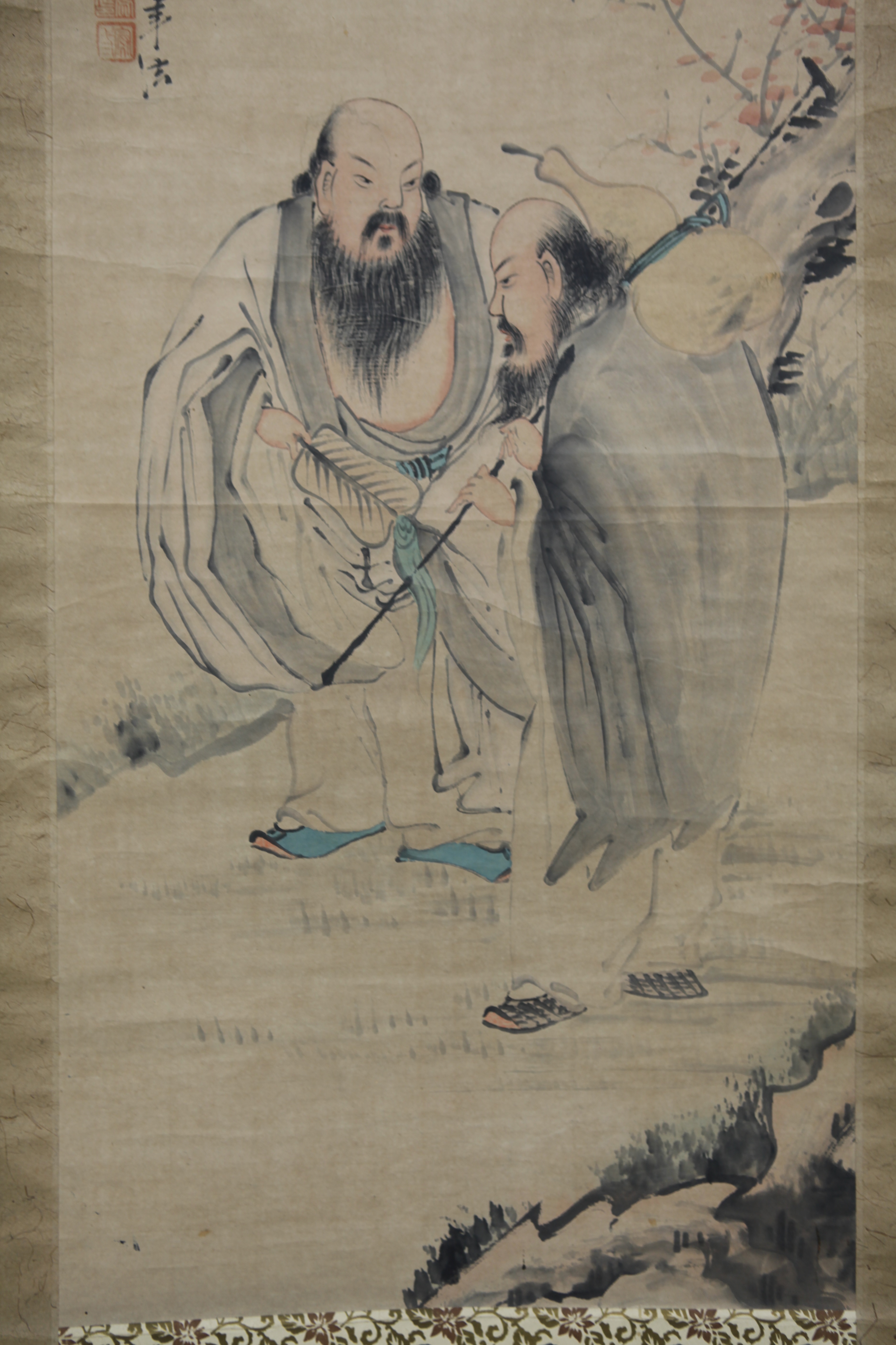 畫】 ☆ 書画 松竹梅図六曲衝立 ☆ 明治期 白山居士絵 肉筆真