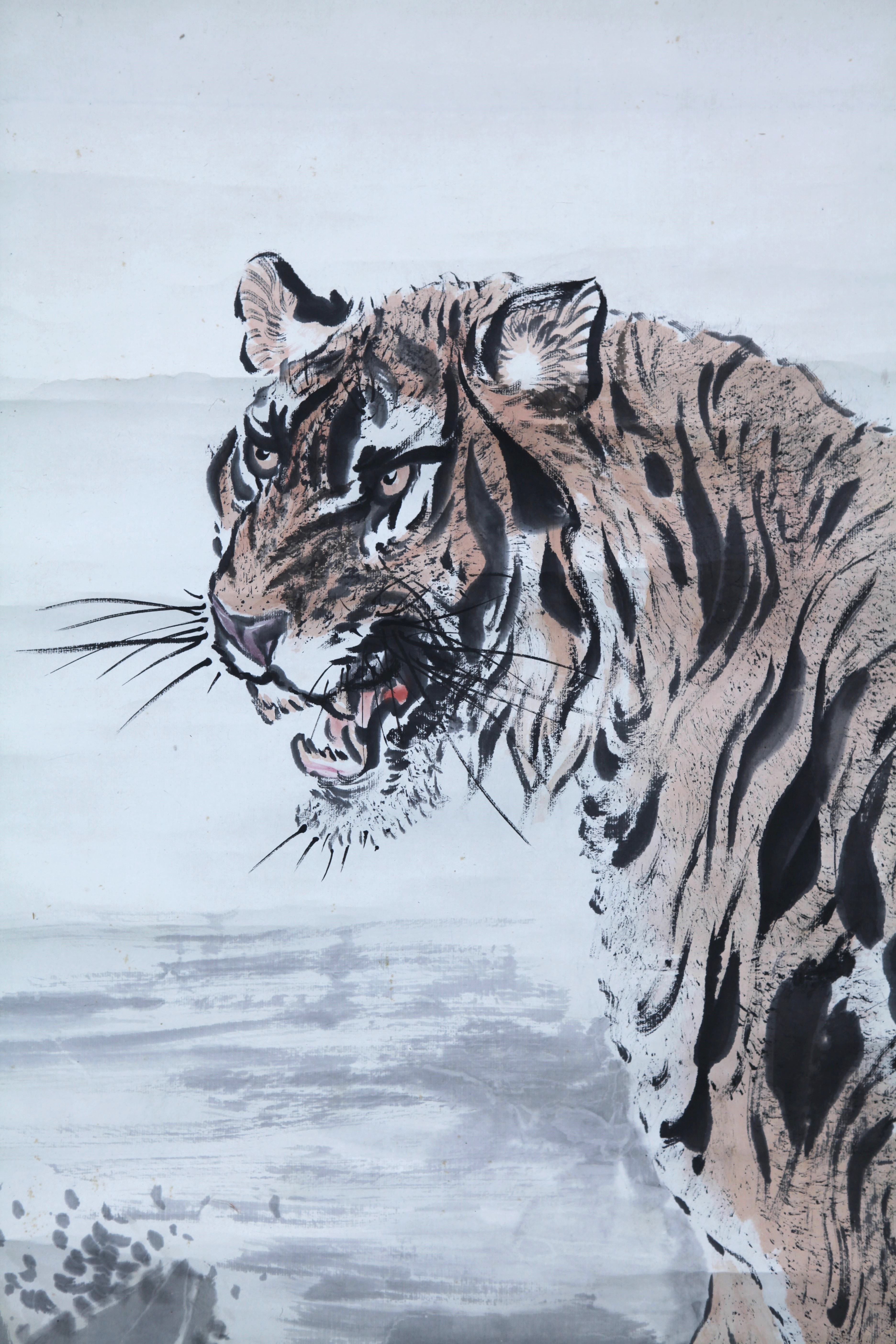 真作】【風車】 小山田秋甫 「月下猛虎図」◎肉筆紙本 巨幅◎明治-昭和