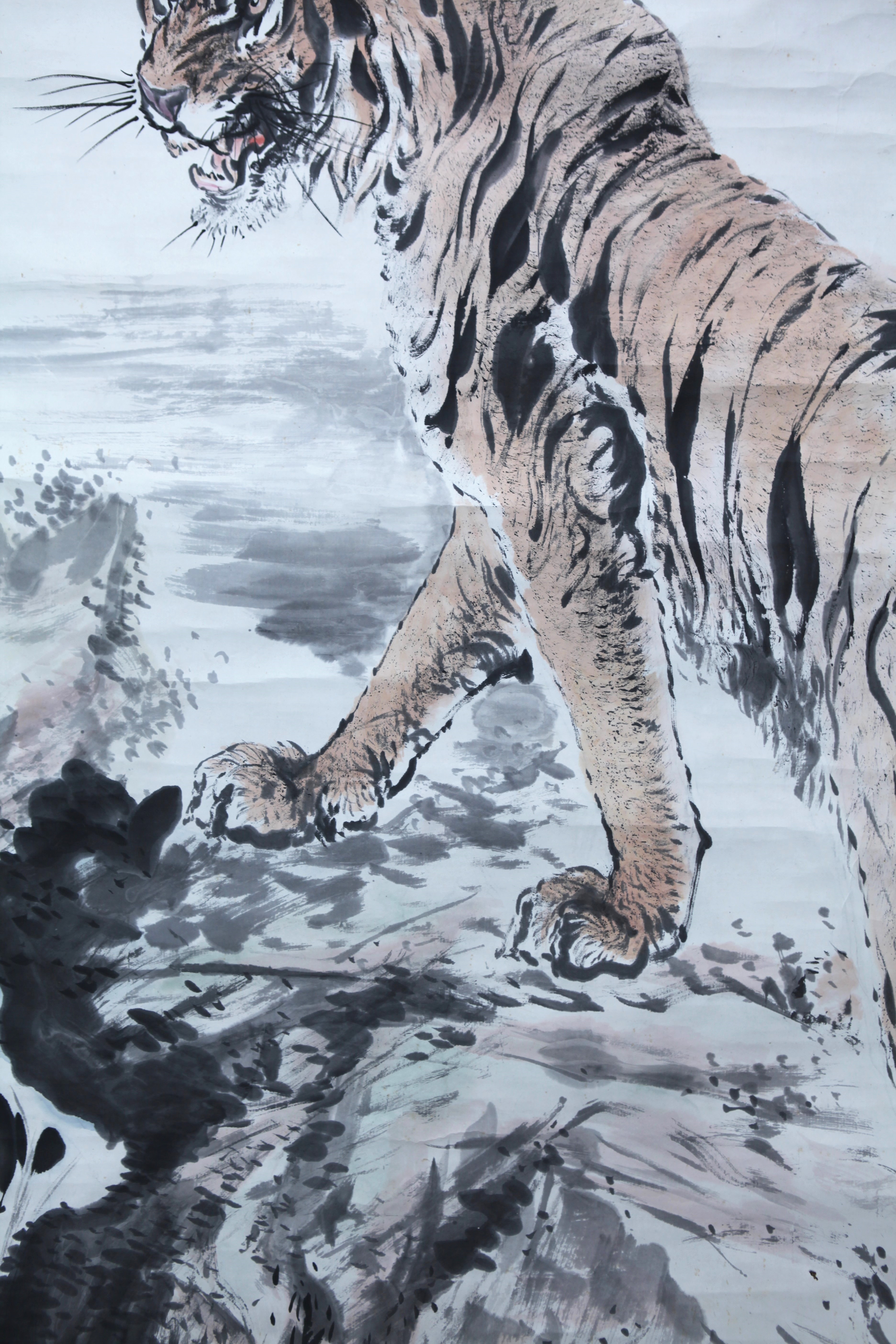 真作】【風車】 小山田秋甫 「月下猛虎図」◎肉筆紙本 巨幅◎明治-昭和