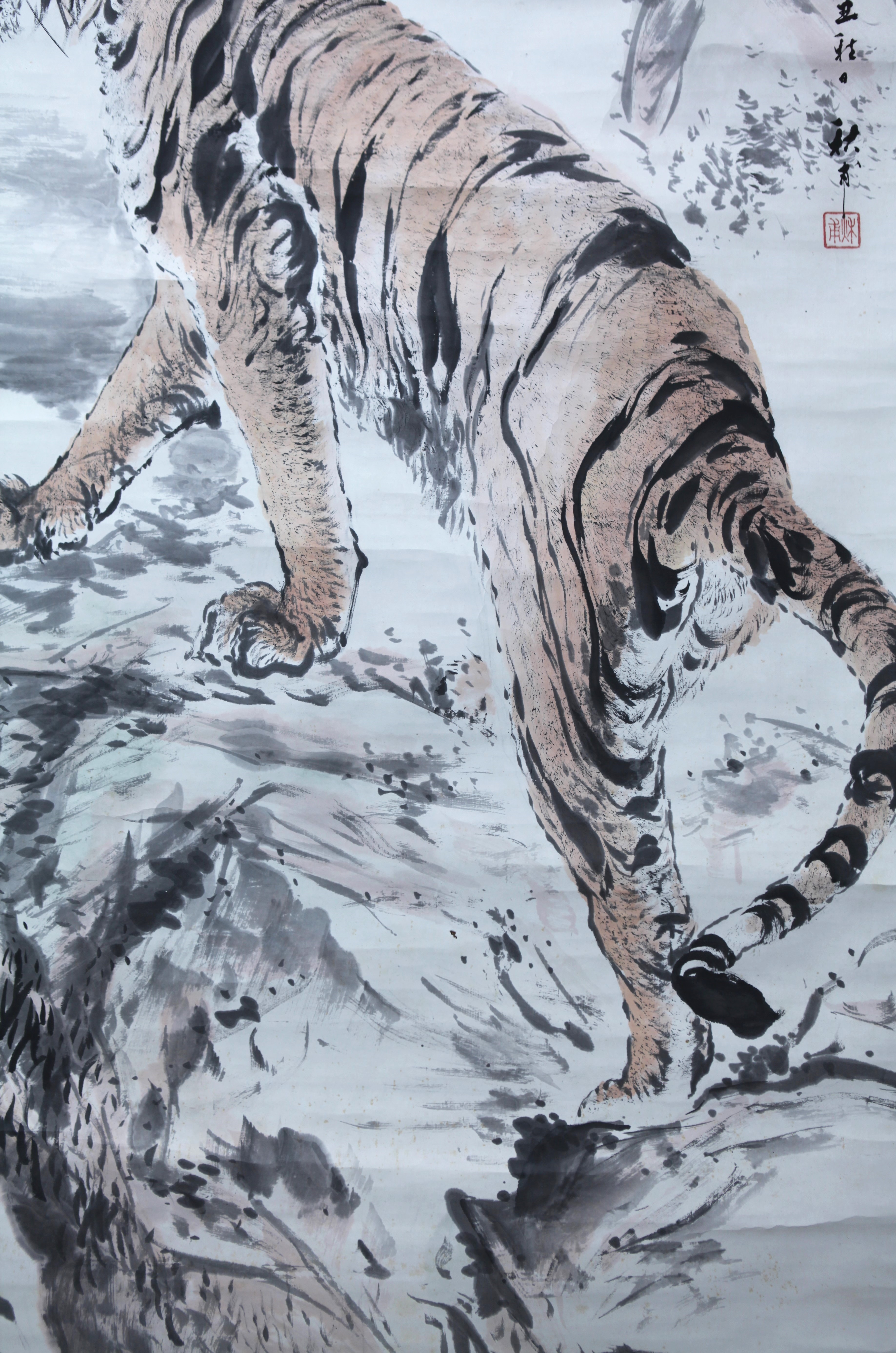 真作】【風車】 小山田秋甫 「月下猛虎図」◎肉筆紙本 巨幅◎明治-昭和